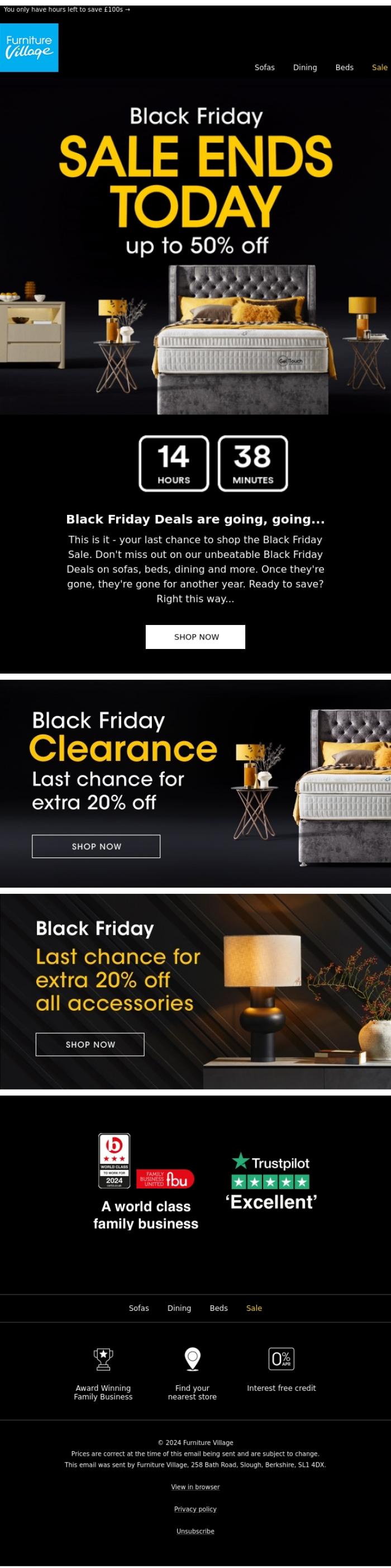 Email Design Inspiration from Furniture Village, Hurry, the Black Friday Sale ends at midnight! 🕛
