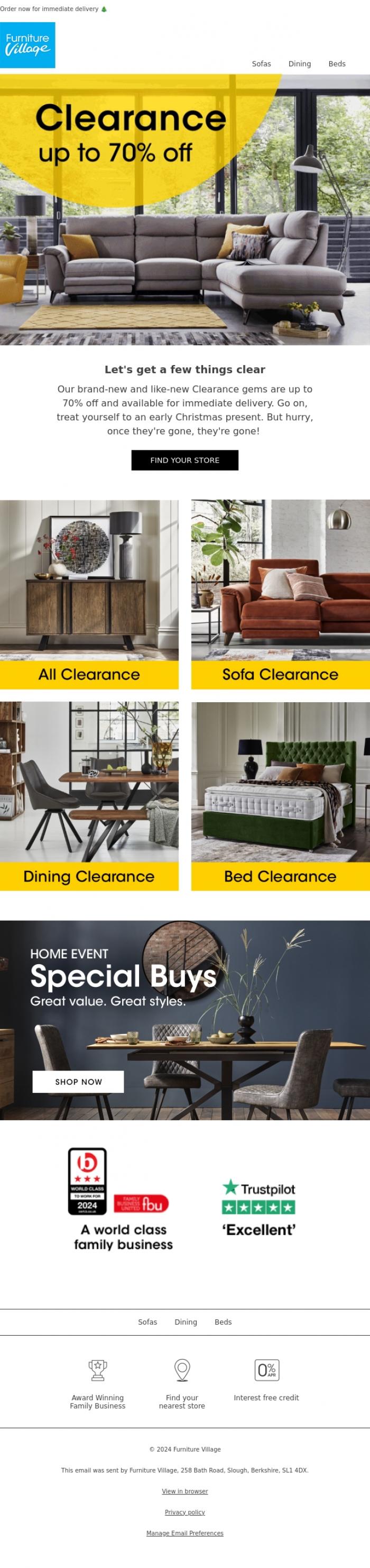 Email Design Inspiration from Furniture Village, Clearance | Up to 70% off!