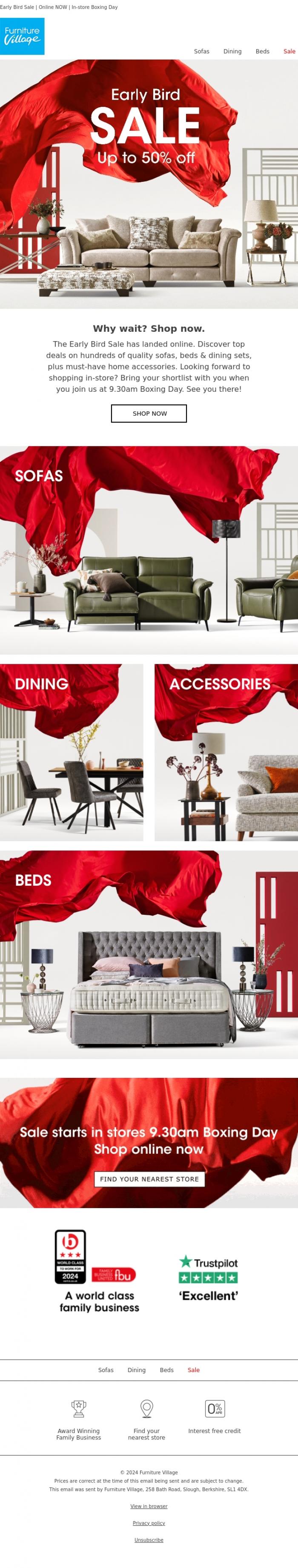 Email Design Inspiration from Furniture Village, Can't wait till Boxing Day? Shop online now!