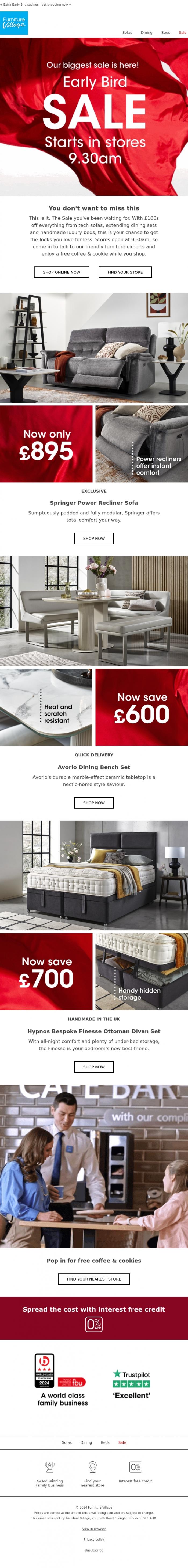 Email Design Inspiration from Furniture Village, NOW IN-STORE | The biggest Sale of the year! 🚨