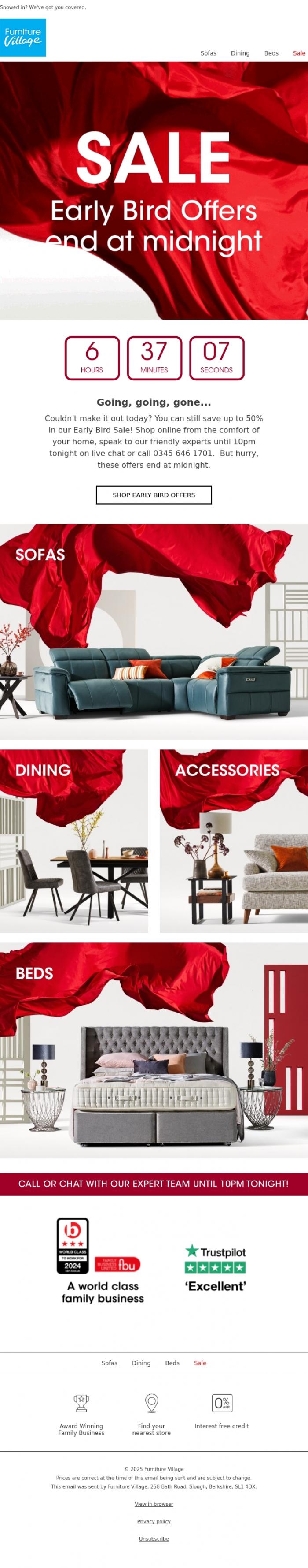 Email Design Inspiration from Furniture Village, 🚨 FINAL HOURS | Don't Let the Snow Stop You  ❄️