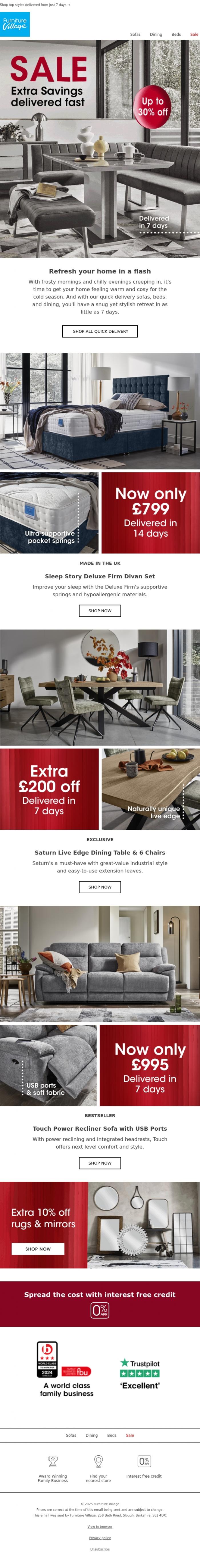 Email Design Inspiration from Furniture Village, QUICK PICKS | Selling fast, delivered faster