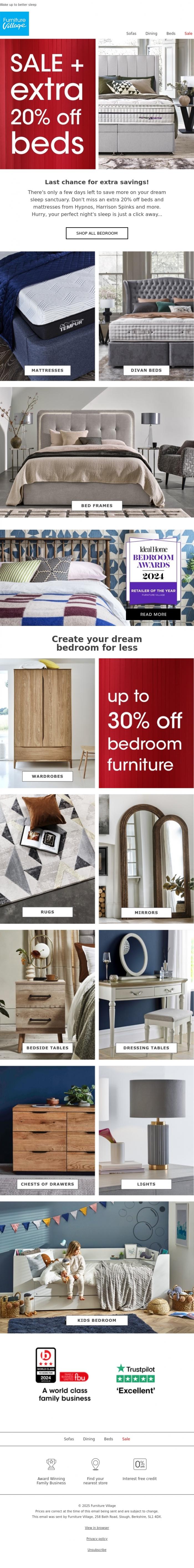 Email Design Inspiration from Furniture Village, Psst! EXTRA 20% off beds