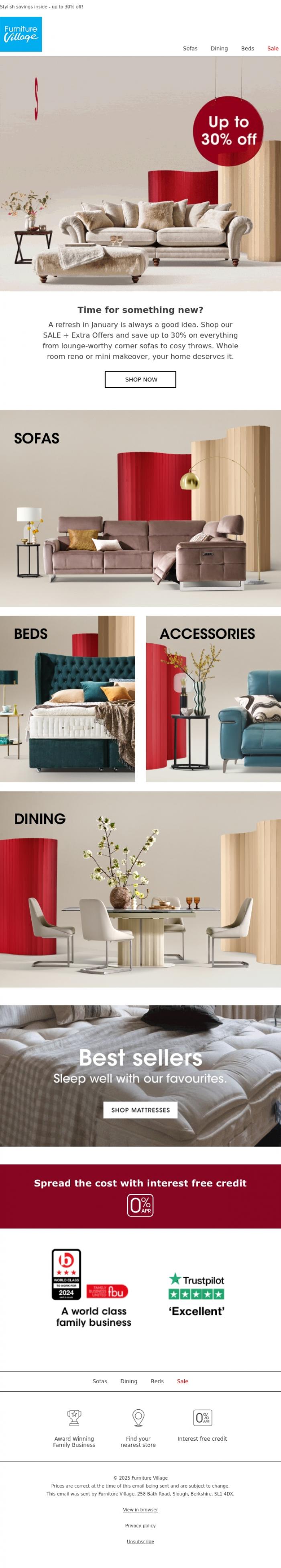 Email Design Inspiration from Furniture Village, Refresh for less with Extra Sale Offers