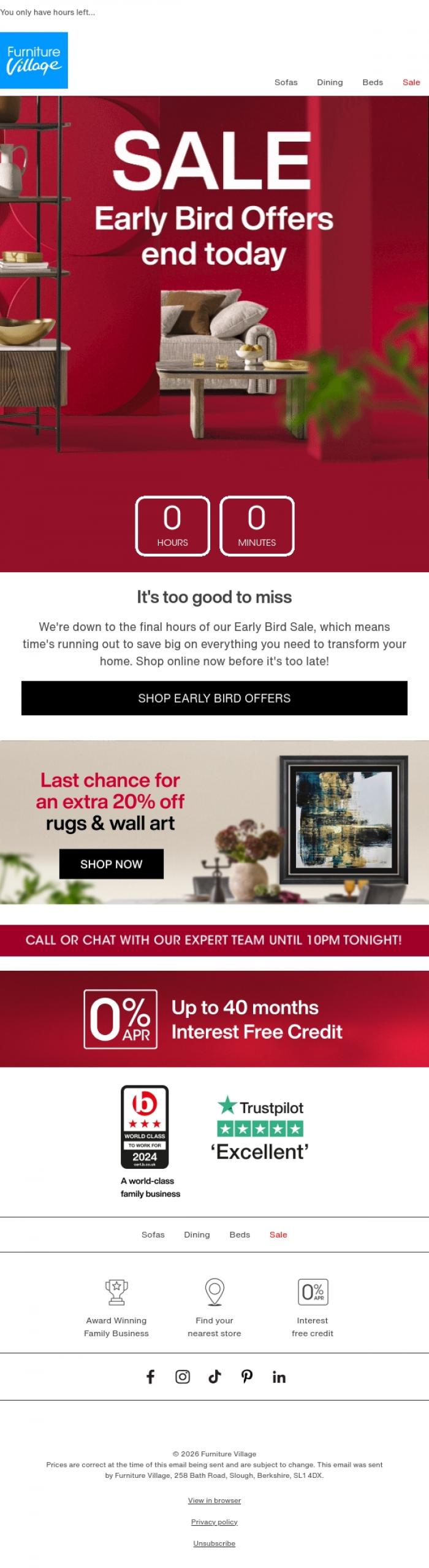 Email Design Inspiration from Furniture Village, ❗It's the final countdown: offers end at midnight!