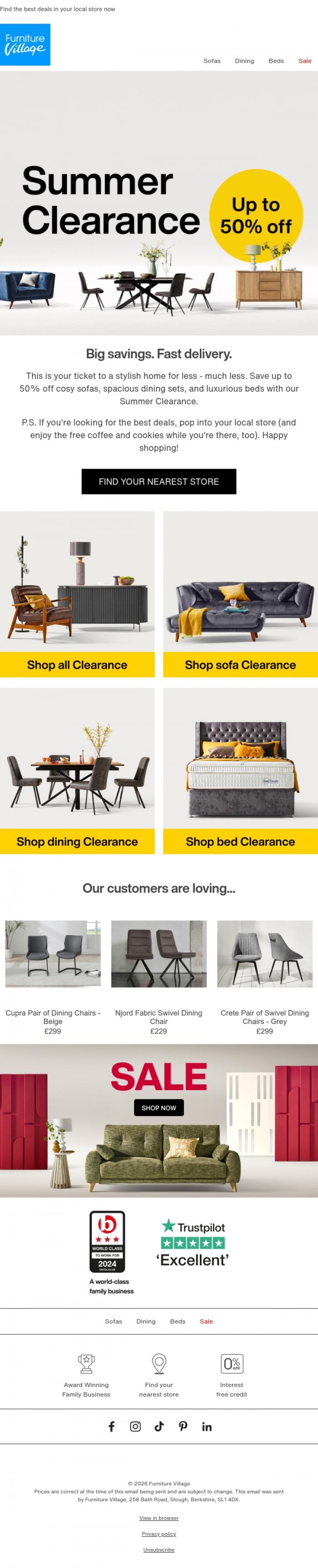 Email Design Inspiration from Furniture Village, 💛 Save up to 50% off Clearance picks