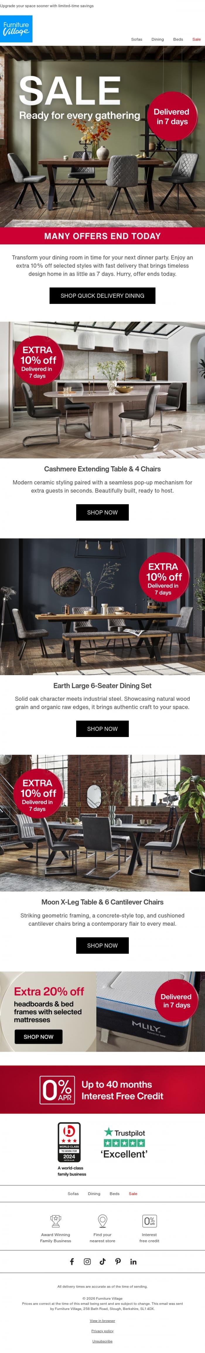 Email Design Inspiration from Furniture Village, ✨ Quick delivery dining: Take an extra 10% off