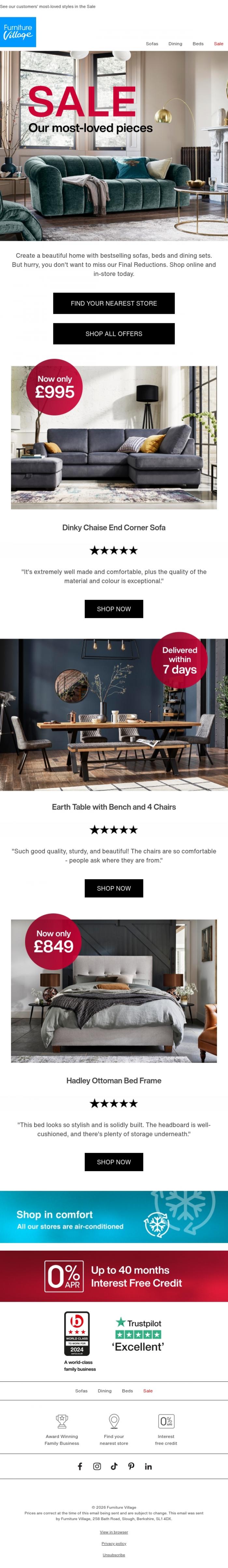 Email Design Inspiration from Furniture Village, Bestselling picks for every room in your home