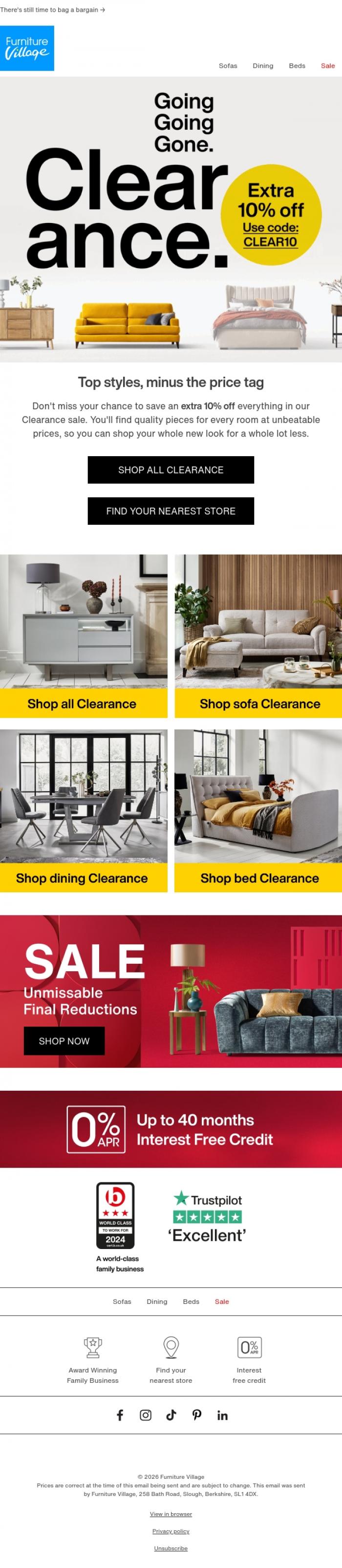 Email Design Inspiration from Furniture Village, 🏷️ Extra 10% off! Don't miss stacked Clearance savings