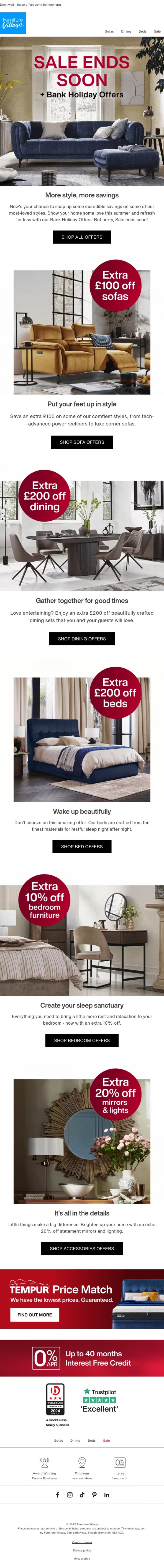 Email Design Inspiration from Furniture Village, Don't miss Bank Holiday Offers ☀️