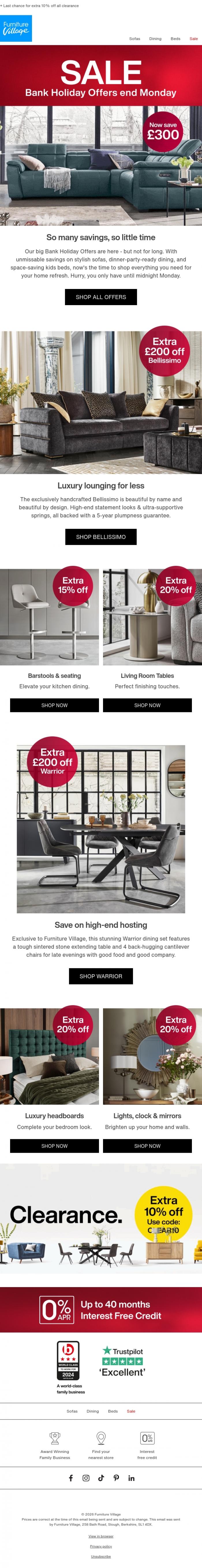 Email Design Inspiration from Furniture Village, Ends Monday! Don't miss Bank Holiday savings ⏰