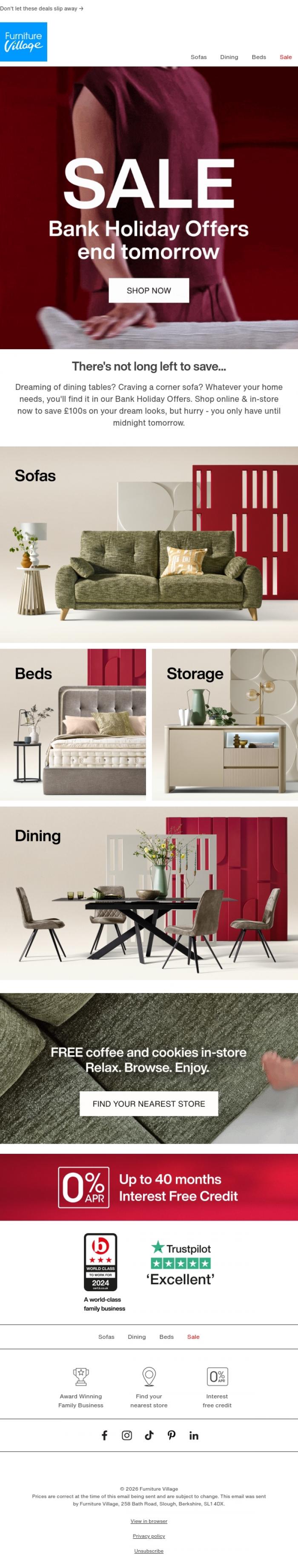 Email Design Inspiration from Furniture Village, ✨ Hurry, Bank Holiday savings end tomorrow!