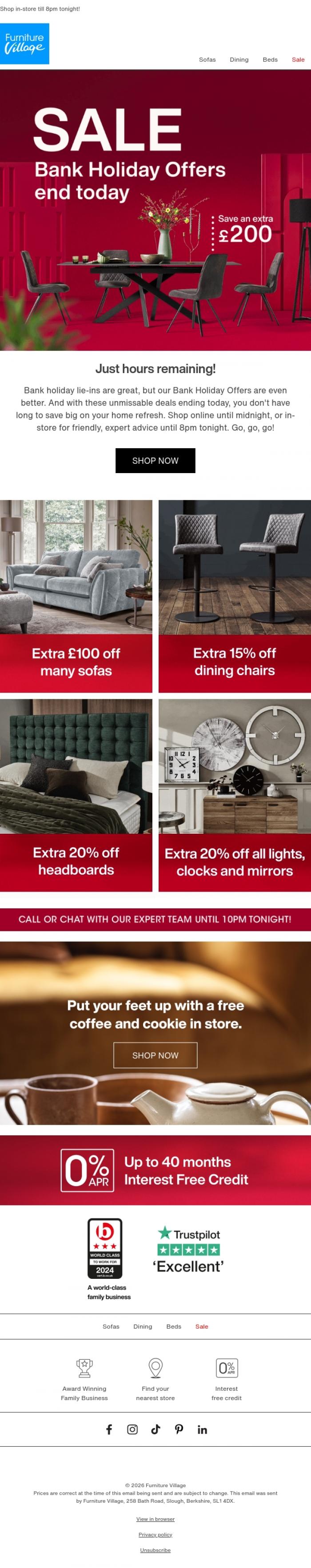 Email Design Inspiration from Furniture Village, Time's up! Bank Holiday Offers end today 🚩