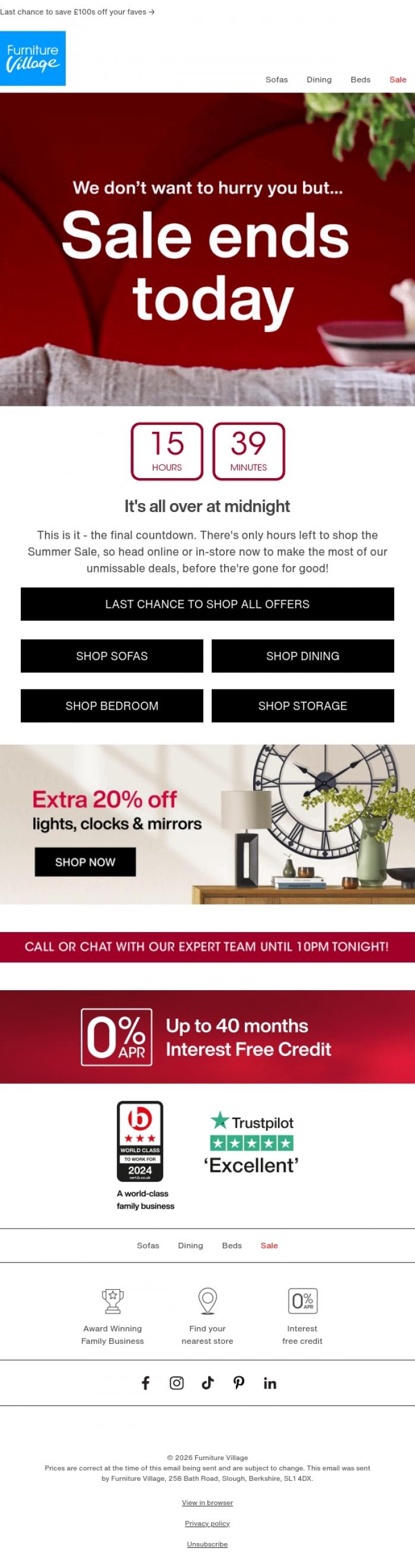 Email Design Inspiration from Furniture Village, ⏰ Sale Ends Today: Don't miss summer savings!