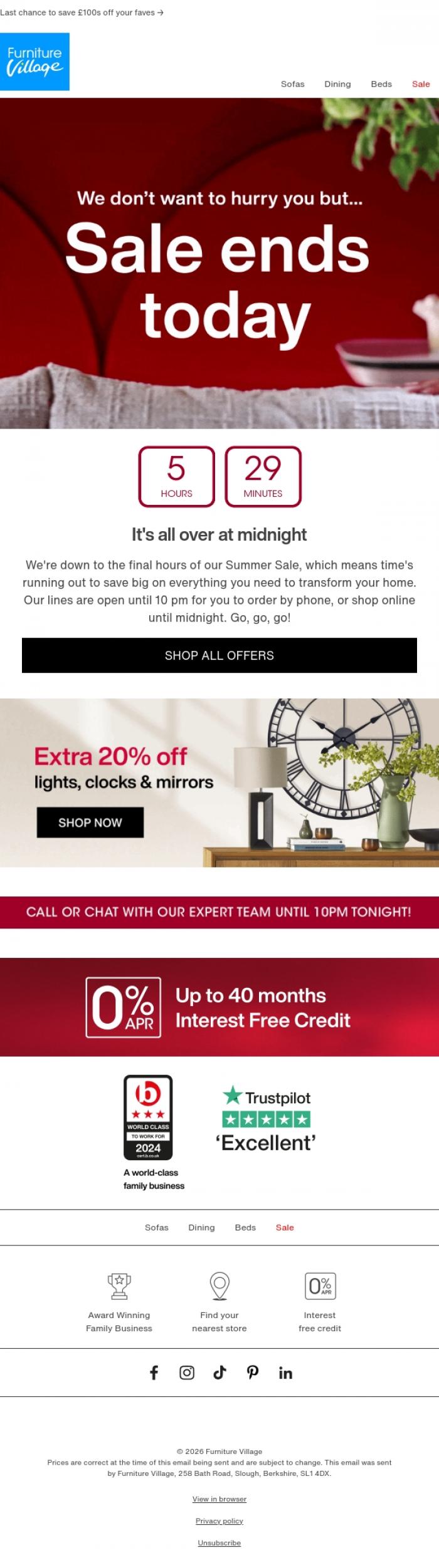 Email Design Inspiration from Furniture Village, Sale Ends Today ⏰