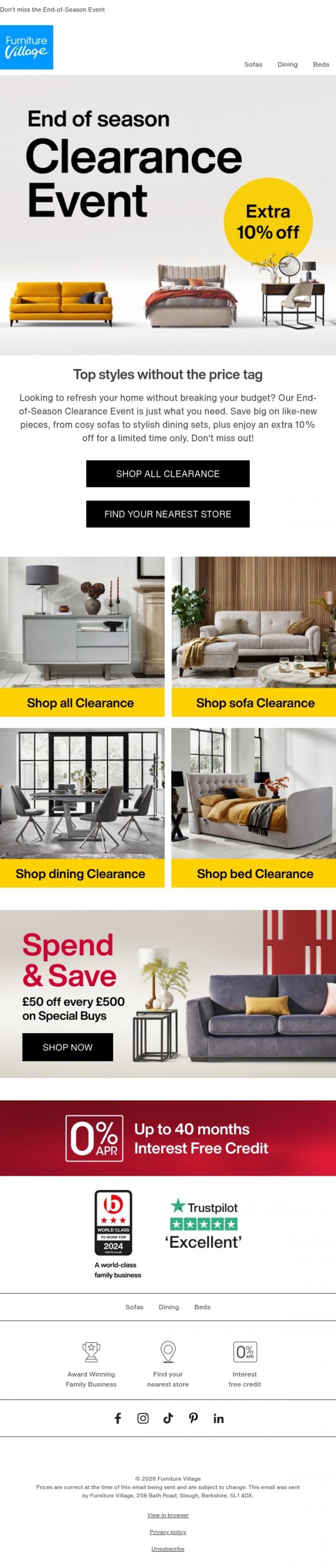 Email Design Inspiration from Furniture Village, 💛 Save an extra 10% off all Clearance!