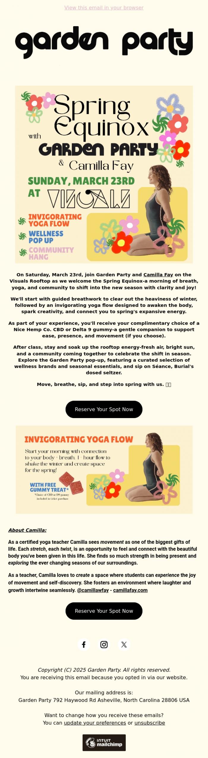 Email Design Inspiration from Garden Party, Spring Equinox Yoga with Camilla Fay x Garden Party at Visuals Rooftop