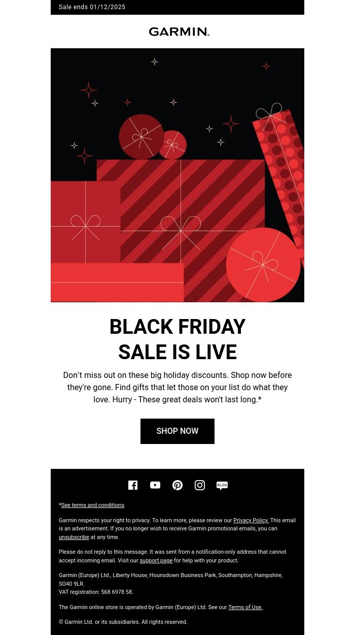 Email Design Inspiration from Garmin, Test 2 en-GB: Shop our Black Friday Sale now!