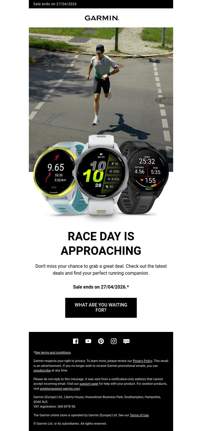 Email Design Inspiration from Garmin, Last call for our Marathon Season Sale