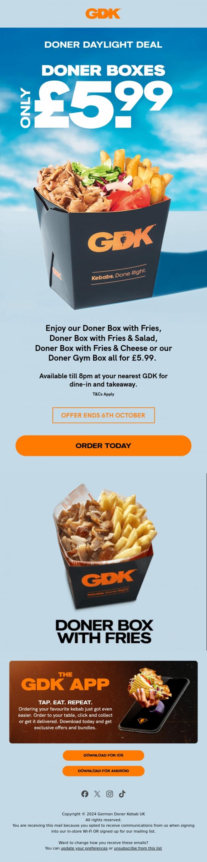 Email Design Inspiration from GDK, &pound;5.99 Doner Boxes - Doner Daylight Deal