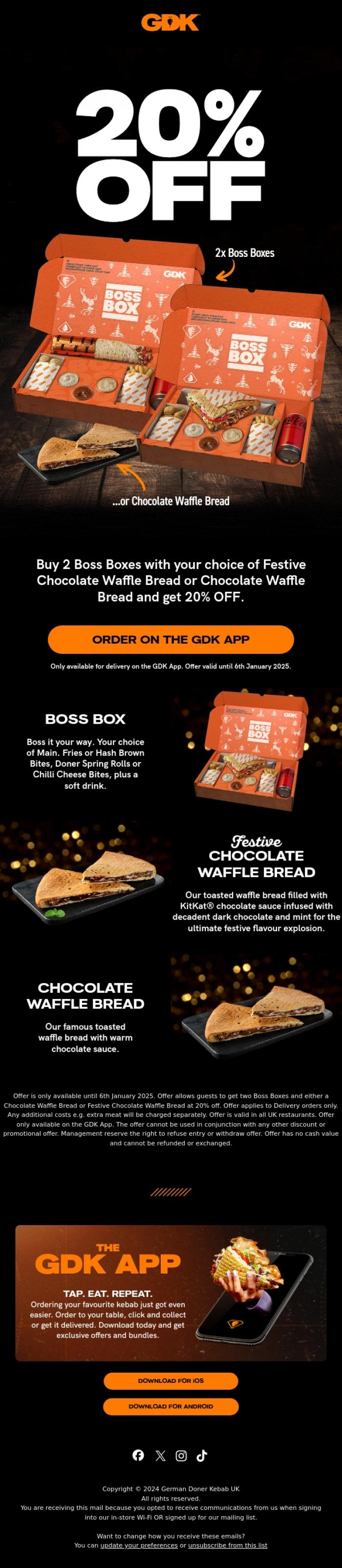 Email Design Inspiration from GDK, Open for 20% off 🥙👏