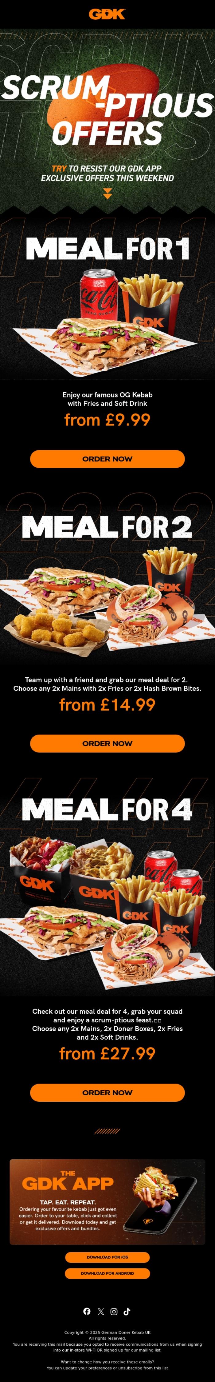 Email Design Inspiration from GDK, Scrum-ptious offers for the rugby this weekend 🏉