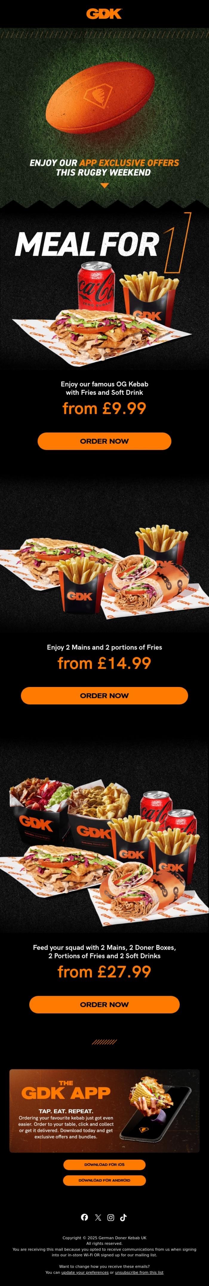 Email Design Inspiration from GDK, Open for app exclusive offers this rugby weekend 🥙🏉