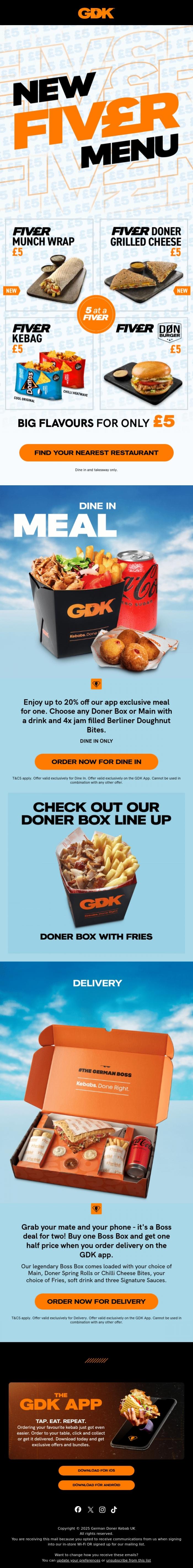 Email Design Inspiration from GDK, Did you miss it? NEW FIV&pound;R MENU! 💸