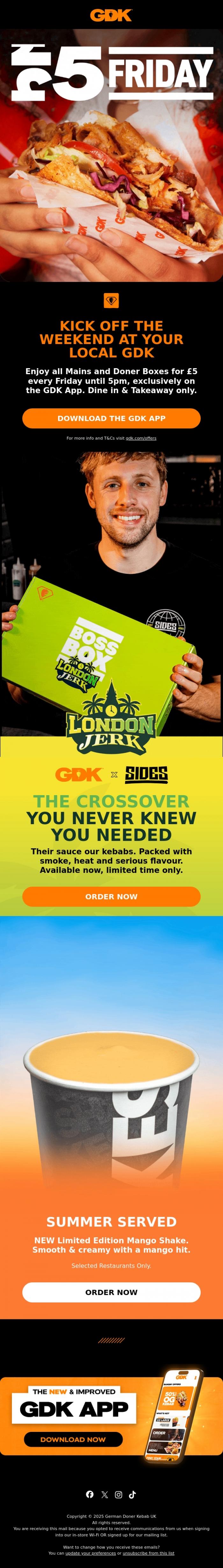 Email Design Inspiration from GDK, &pound;5 FRIDAYS ARE HERE! All Mains and Doner Boxes only &pound;5 every Fri🚨