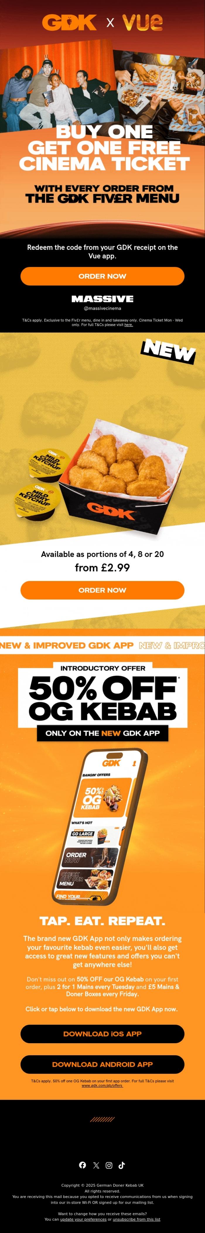 Email Design Inspiration from GDK, Buy one get one FREE Cinema Ticket with the Fiv&pound;r Menu 📽️🥙