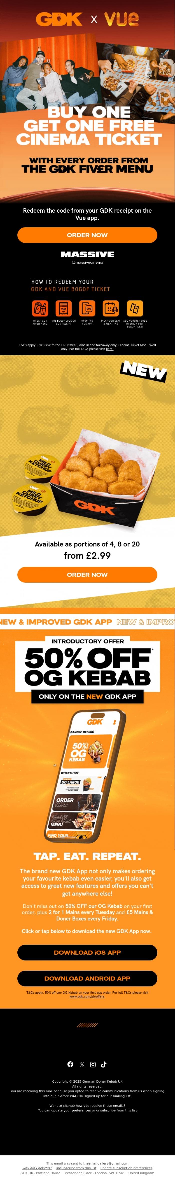 Email Design Inspiration from GDK, BOGOF Vue Cinema Ticket with the Fiv&pound;r Menu!