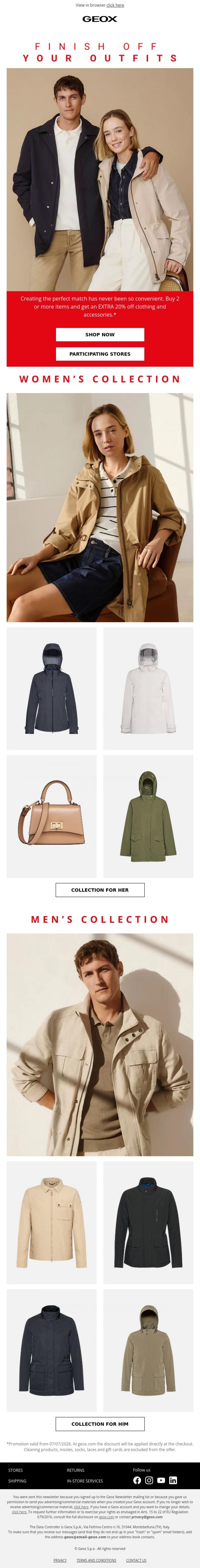 Email Design Inspiration from GEOX, An EXTRA 20% off clothing and accessories when you buy 2 or more items 🛍️