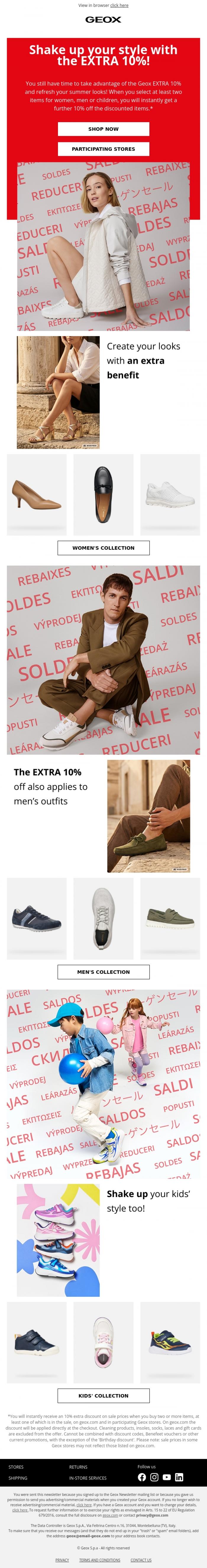 Email Design Inspiration from GEOX, Time is flying by... make the most of the EXTRA 10% in the Sale! 💥
