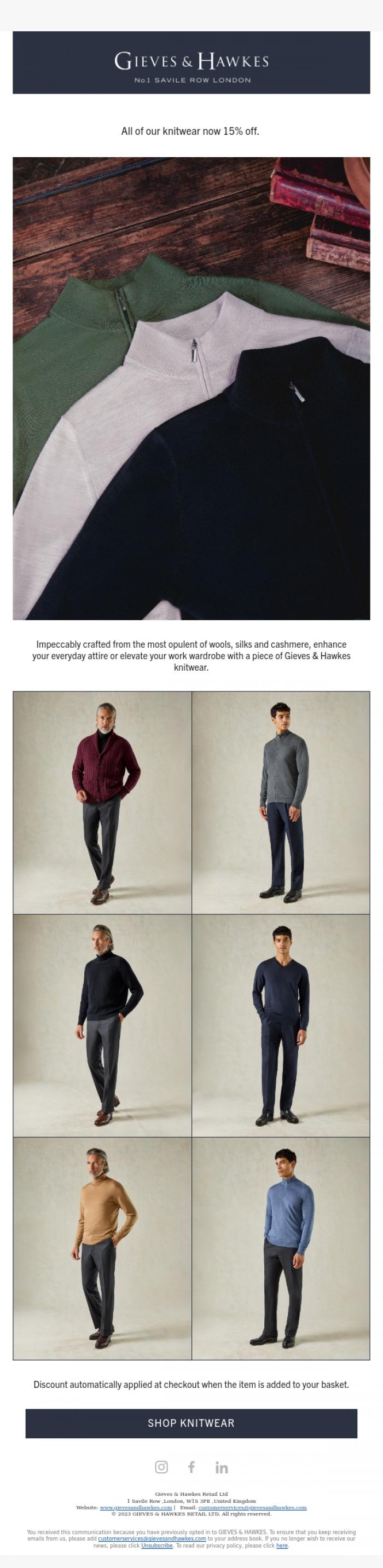 Email Design Inspiration from Gieves & Hawkes, Shop the Gieves & Hawkes' knitwear collection and stay warm this winter with 15% off