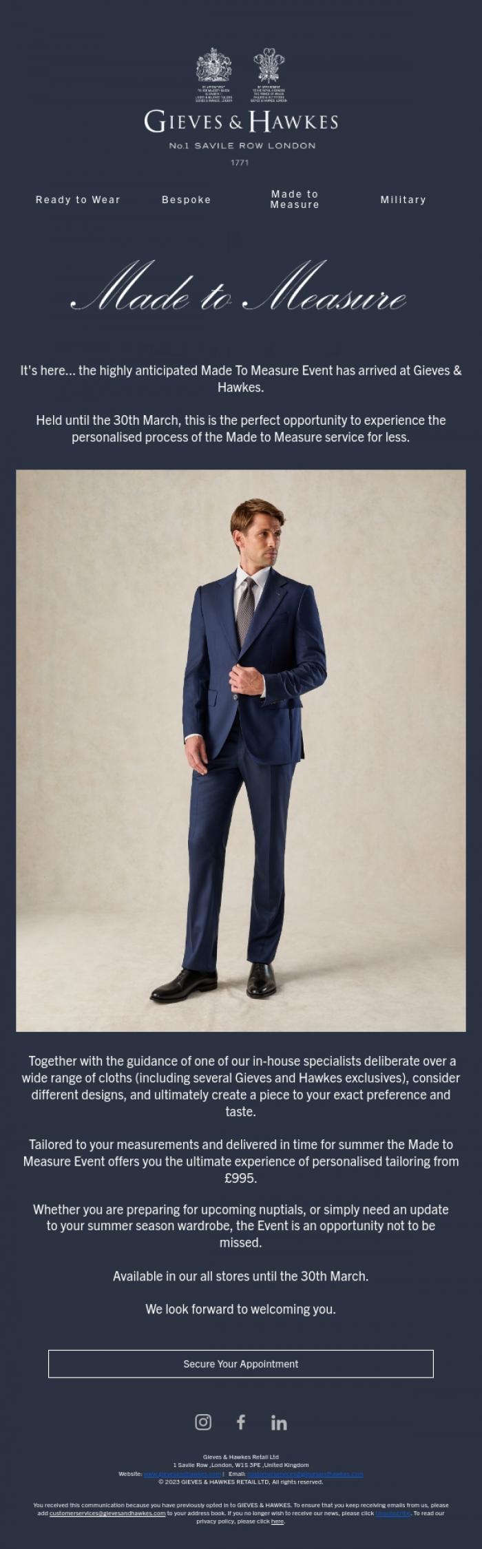 Email Design Inspiration from Gieves & Hawkes, The Made to Measure Event Has Arrived