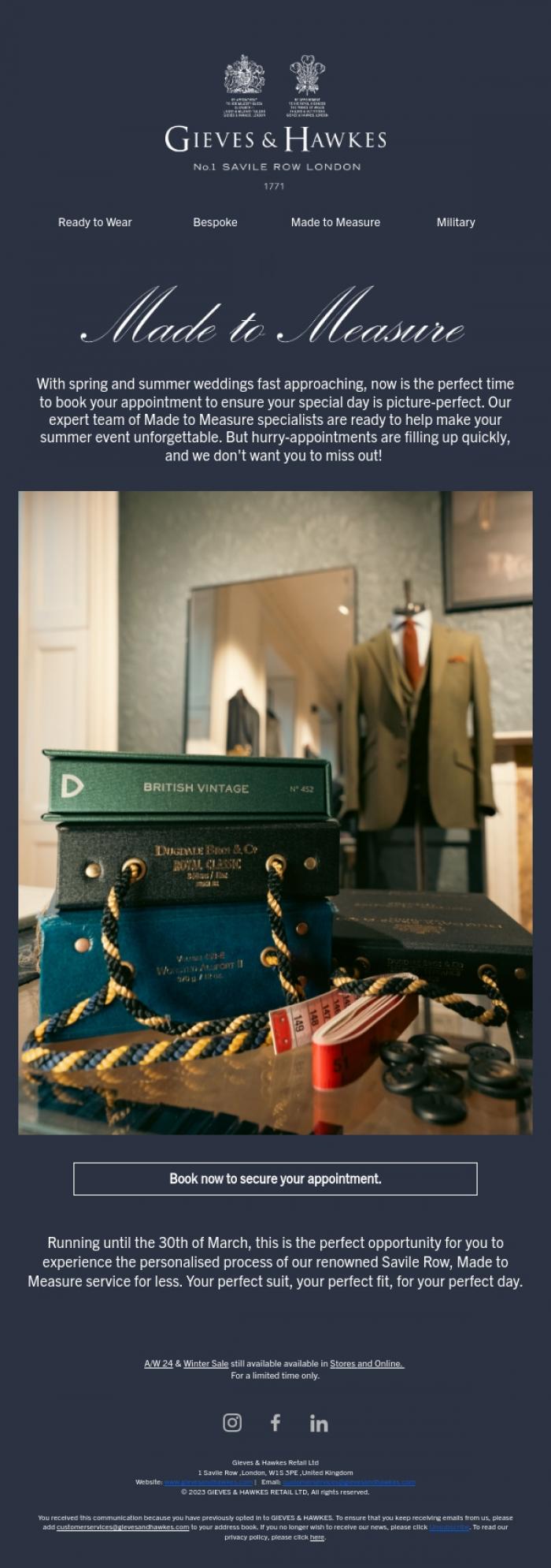 Email Design Inspiration from Gieves & Hawkes, The Made to Measure Event - Limited Appointments Remaining!