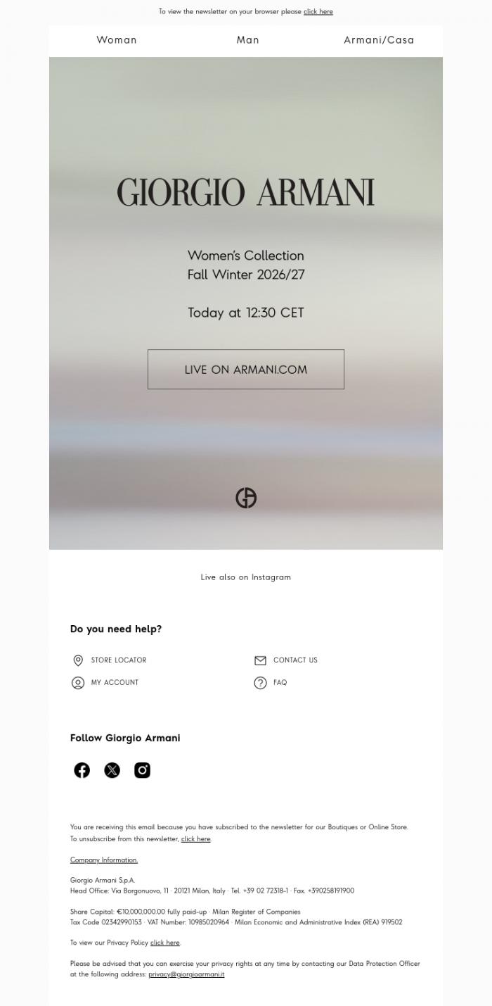 Email Design Inspiration from Giorgio Armani, Watch the Autumn Winter 2026/27 Women's Collection