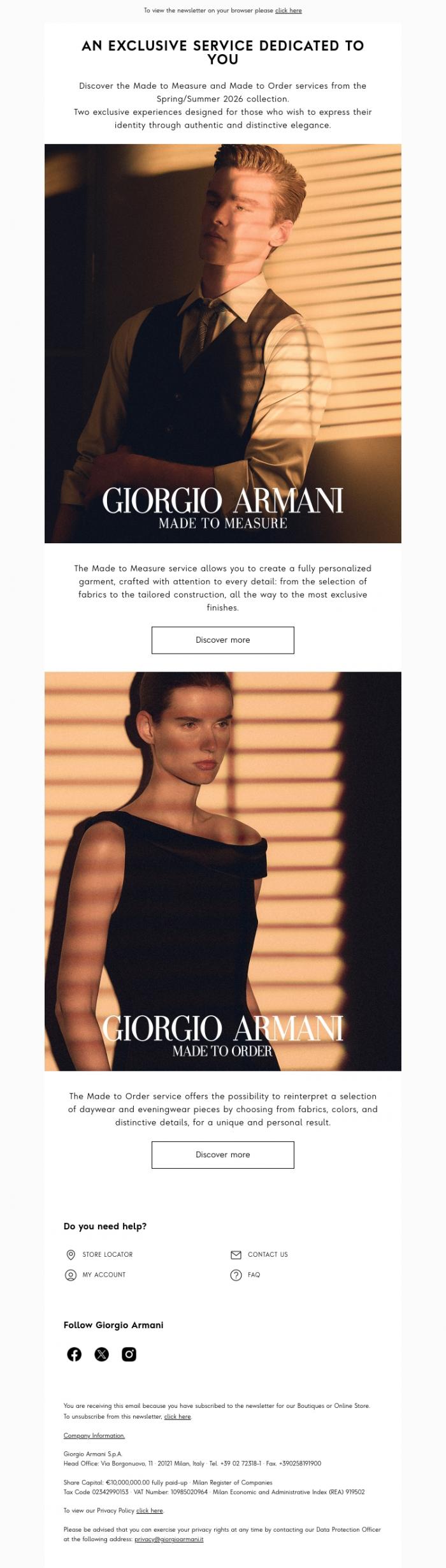 Email Design Inspiration from Giorgio Armani, Discover the Made to Measure and Made to Order services