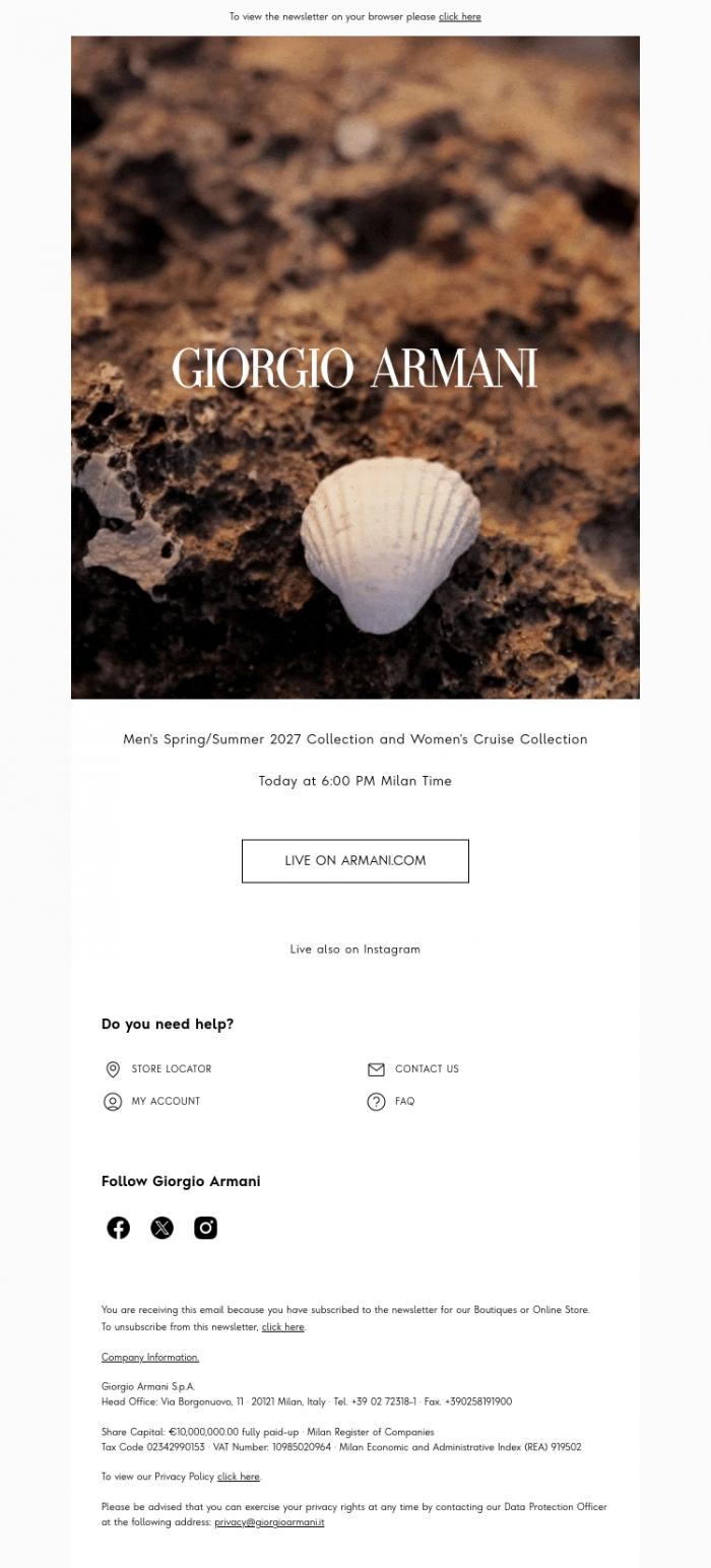 Email Design Inspiration from Giorgio Armani, Watch the Men's Spring/Summer 2027 and Women's Cruise Collection