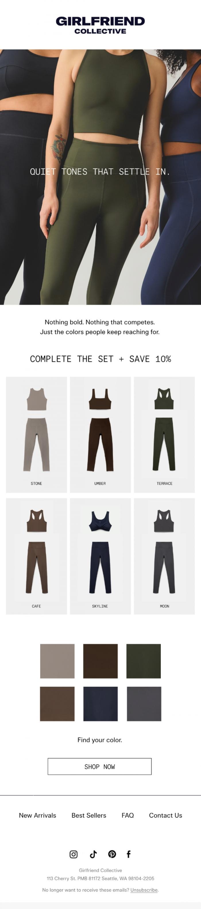 Email Design Inspiration from Girlfriend Collective, Find your color. Complete the set.