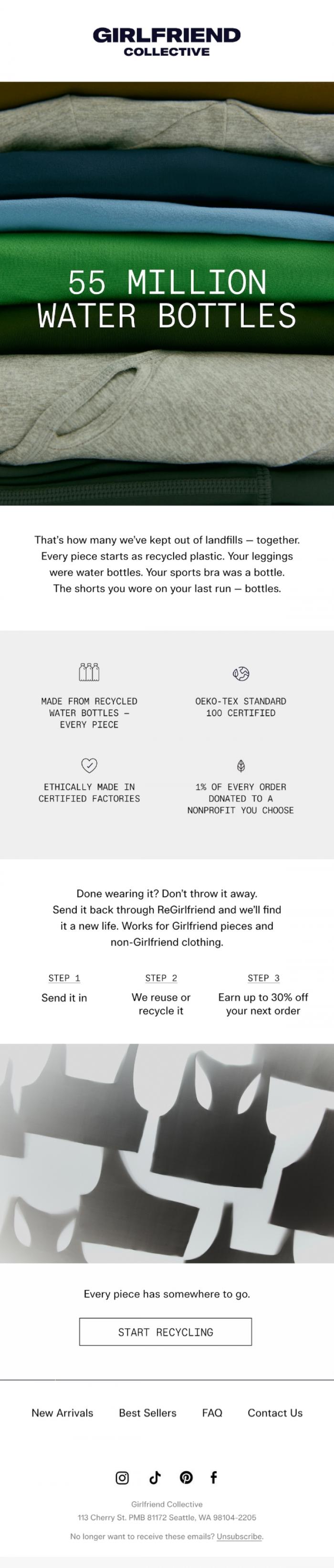 Email Design Inspiration from Girlfriend Collective, 55 million water bottles later