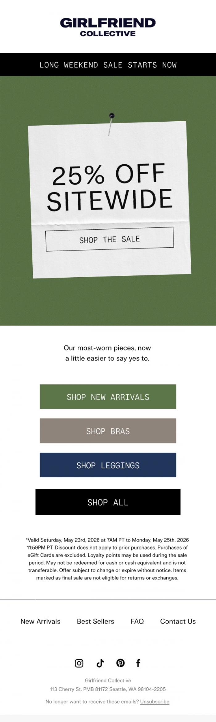 Email Design Inspiration from Girlfriend Collective, 25% Off Sitewide