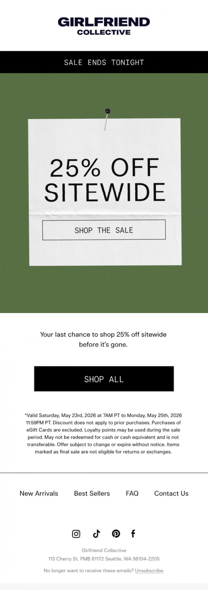 Email Design Inspiration from Girlfriend Collective, Ends tonight: 25% Off Sitewide