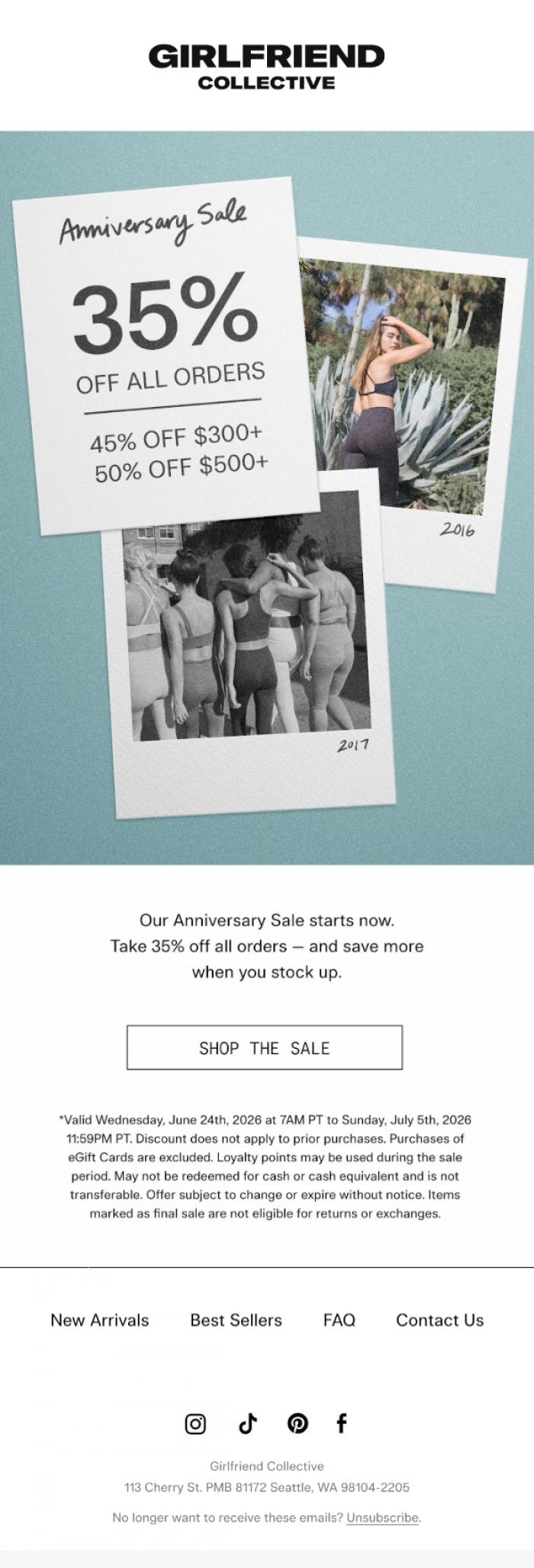 Email Design Inspiration from Girlfriend Collective, 35% off all orders starts now