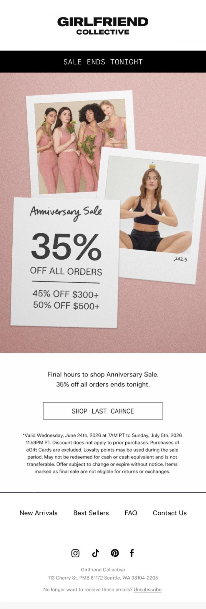 Email Design Inspiration from Girlfriend Collective, Ends tonight: 35% off all orders