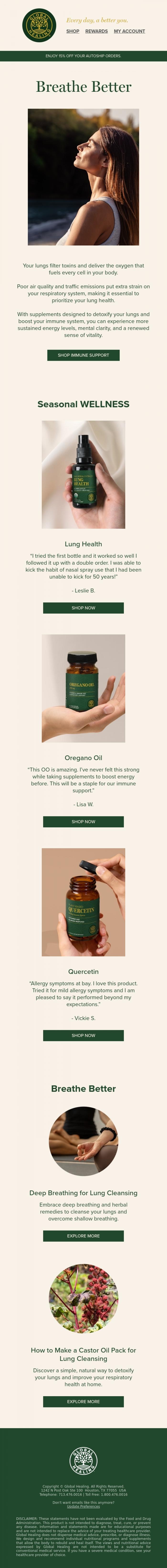 Email Design Inspiration from Global Healing, Daily support for your lungs