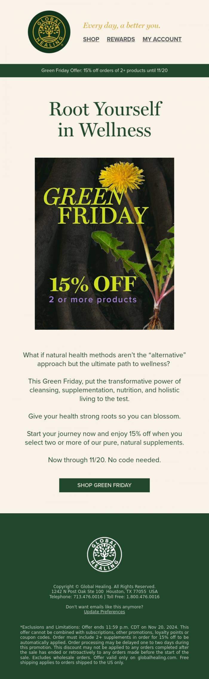 Email Design Inspiration from Global Healing, Make healthier choices with 15% off