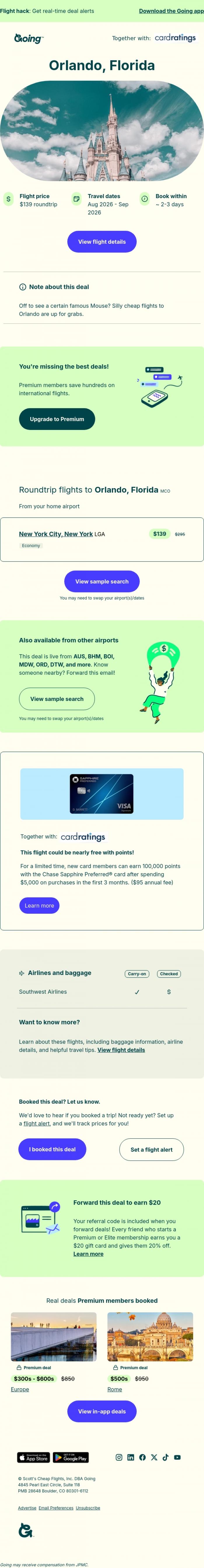 Email Design Inspiration from Going, 🎢 Orlando -  $139 (Aug-Sep)