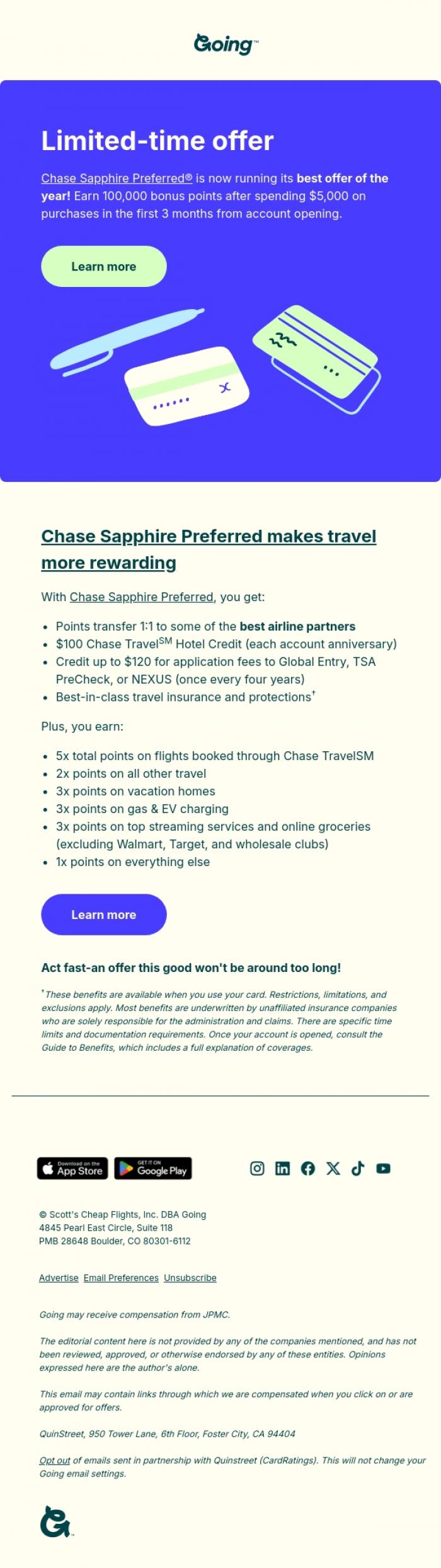 Email Design Inspiration from Going, Chase Sapphire Preferred&reg;: Limited time offer