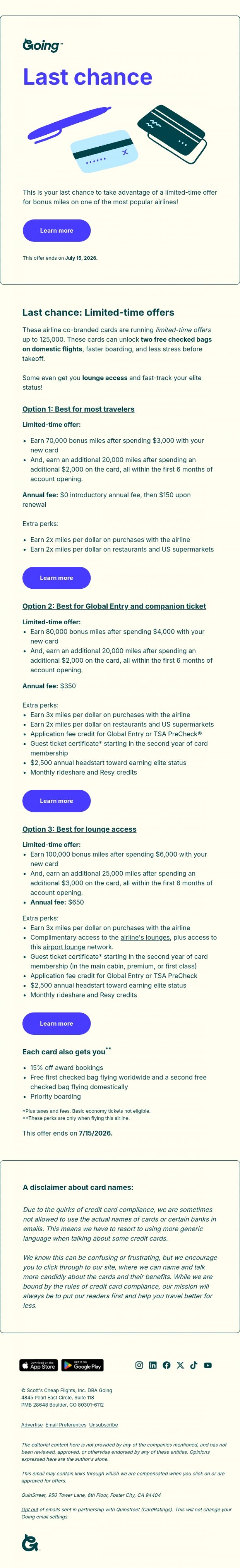 Email Design Inspiration from Going, Last call! Bonus miles on your favorite airline